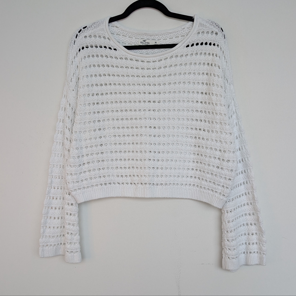 Hollister 100% Cotton Crochet Knit Bell Sleeve Cropped Crew Neck Sweater Sz M